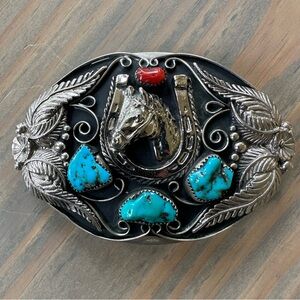 Vintage 3 Chunk Turquoise Coral Sterling Silver Western Rodeo Horse Belt Buckle